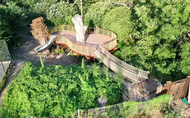 The finished tree deck from above: a curved deck around an old tree trunk, a rope bridge running back to the path, and a stainless steel slide.