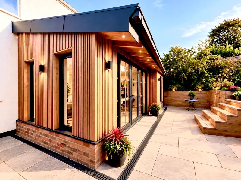 The finished extension from the garden: redwood cladding over a brick plinth, a zinc roof edge and black-framed glazing opening onto a stone terrace.