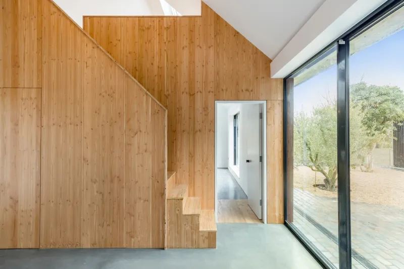 A timber-clad hallway with understair storage and full-height glazing onto the garden, over a polished concrete floor.