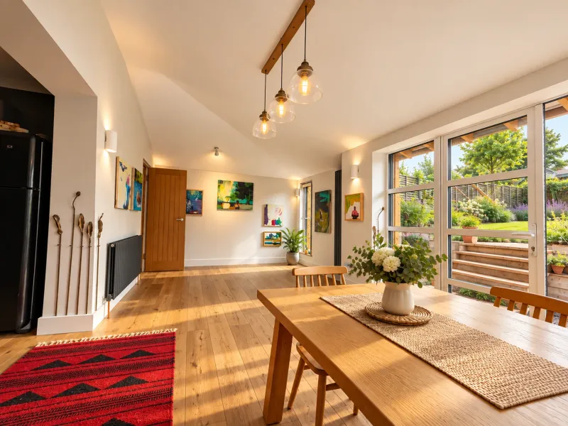 Inside the extension: a long dining table under pendant lights, with paintings along the wall and garden views through the glazing.