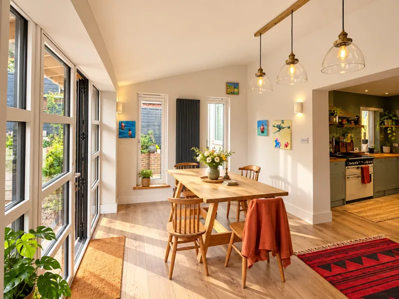 Full-height black-framed windows beside the dining table, with the kitchen beyond.