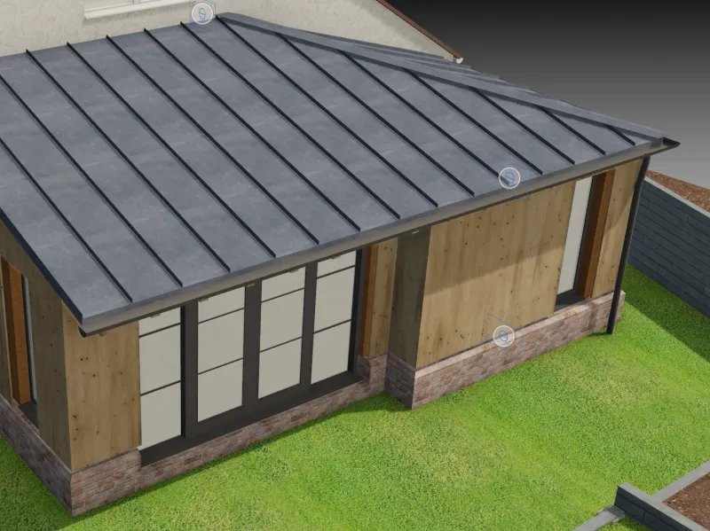 3D model of the extension showing the zinc roof, redwood cladding and brick plinth.