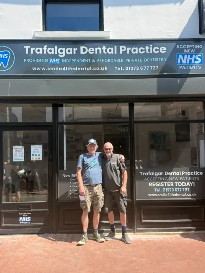The completed shopfront of Trafalgar Dental Practice in Brighton, with new fascia signage and a glazed frontage.