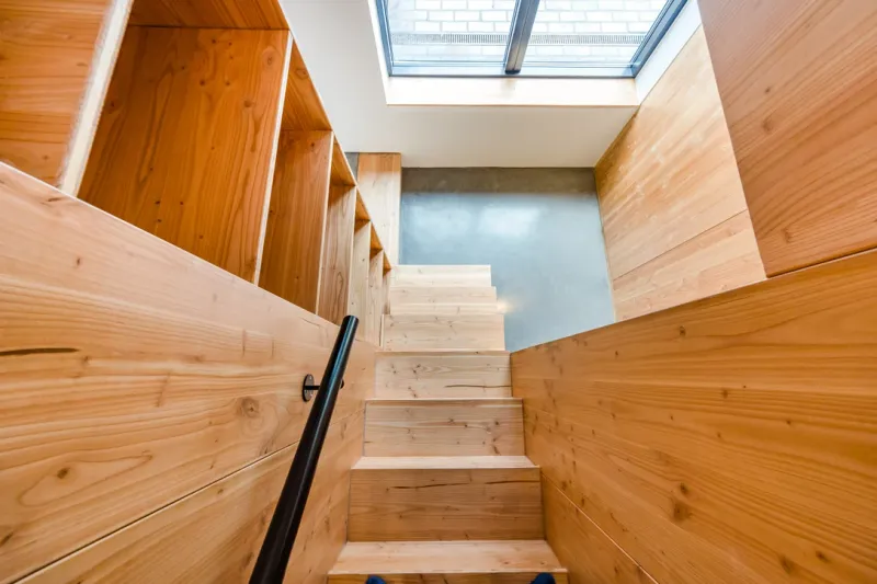A timber-lined staircase rising to a rooflight, with a black steel handrail and a polished concrete landing, in a Brighton new build.
