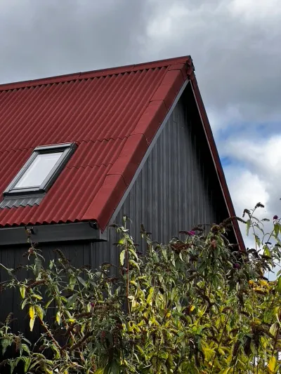 The completed Steyning artist's studio, clad in dark timber with a warm roof edge and full-height glazing, set in greenery.