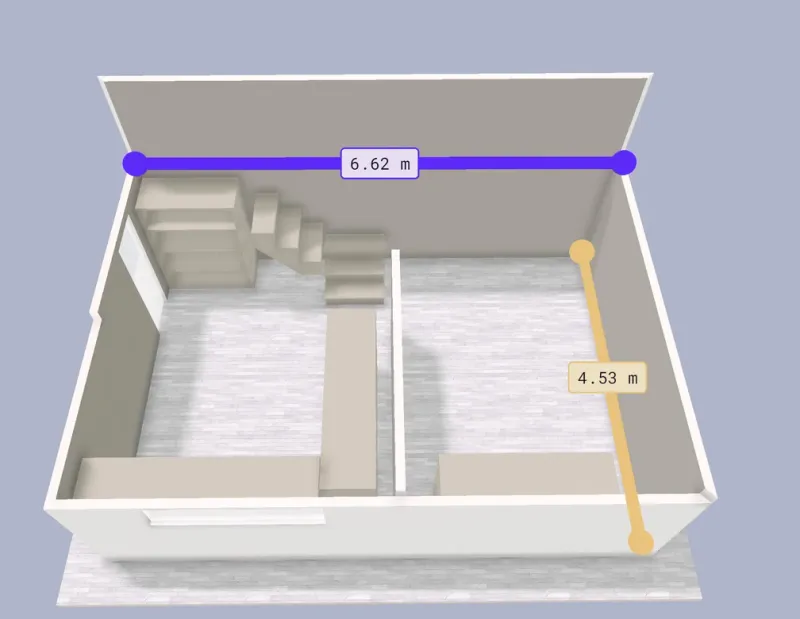 A measured 3D survey model of the existing studio space, annotated with room dimensions, used to plan the conversion.