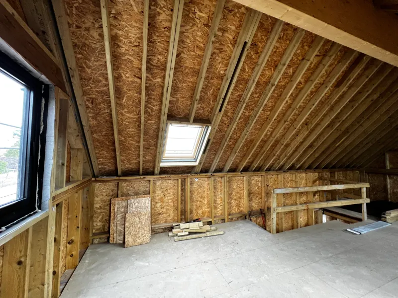 The upstairs room framed in timber and OSB, with a Velux window in the sloping roof