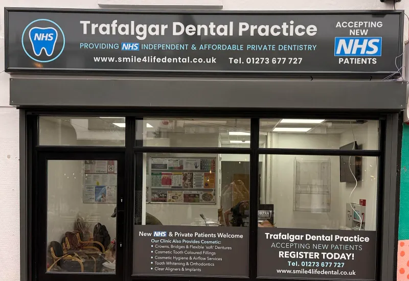 The finished shopfront of Trafalgar Dental Practice on Sydney Street, Brighton, with its new fascia sign.
