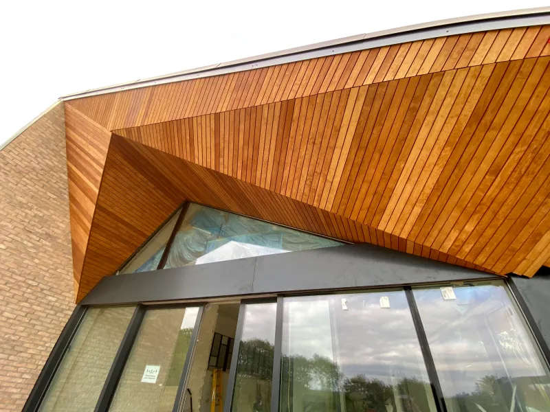 Cedar boards lining the underside of the folded roof above full-height glazing