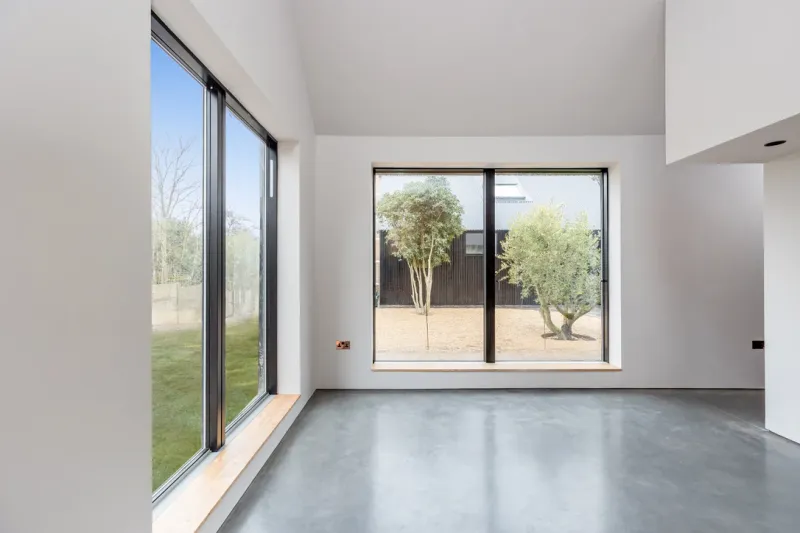 A contemporary extension interior with white walls, a polished concrete floor and full-height sliding glazing framing a courtyard with olive trees.