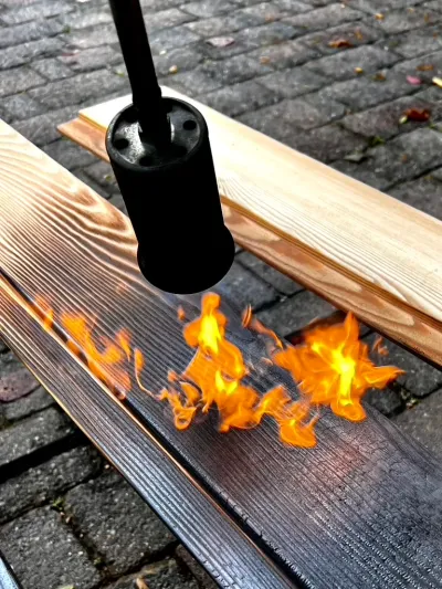 A blowtorch charring a pine board on a paved yard — the shou sugi ban (yakisugi) technique of preserving timber by burning its surface.