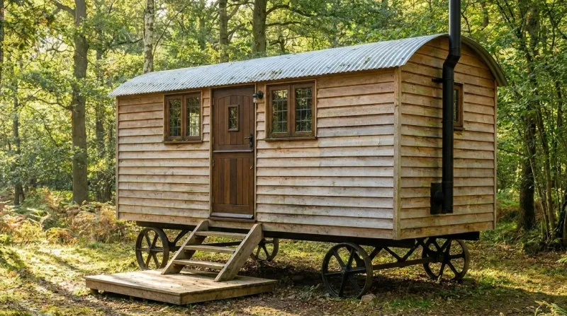 A finished bespoke shepherd's hut with silvered timber weatherboard cladding, a curved corrugated roof and cast-iron wheels, set in dappled Sussex woodland.