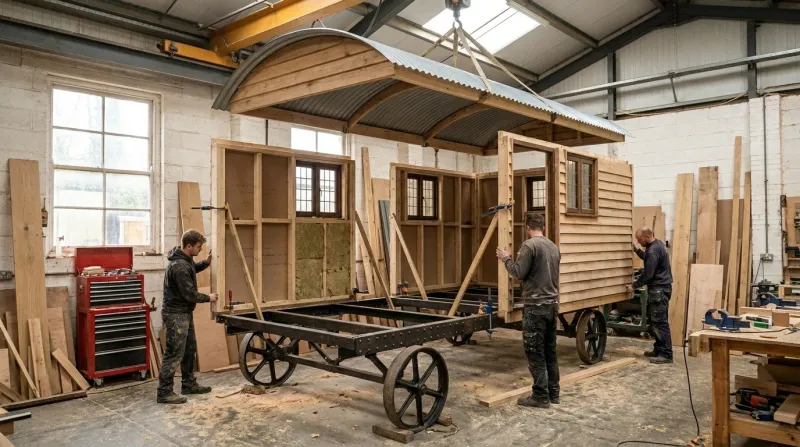 A bespoke shepherd's hut built off-site in the workshop: prefabricated timber wall panels and a curved corrugated roof being assembled onto its cast-iron-wheeled steel chassis.