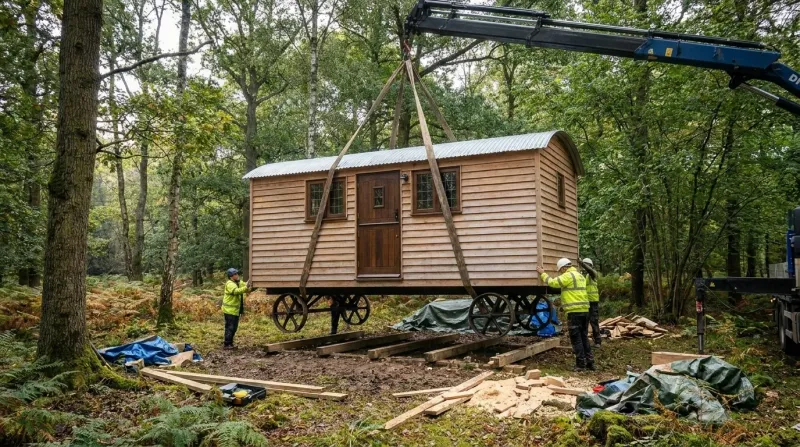 A completed shepherd's hut craned into position on its woodland site, lowered onto timber bearers in a Sussex Weald clearing.